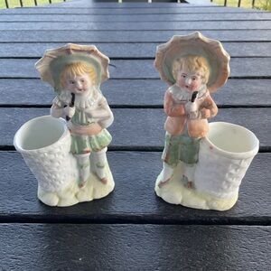 Antique Pair of Bisque Porcelain Victoria Girl & Boy Children Spill Vases